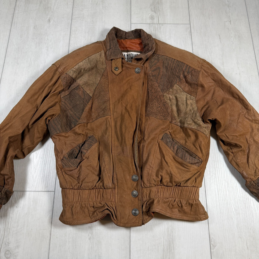 Lanique Vintage Leather Jacket Art-To-Wear 80's Tan Brown Patchwork Paisley Smal